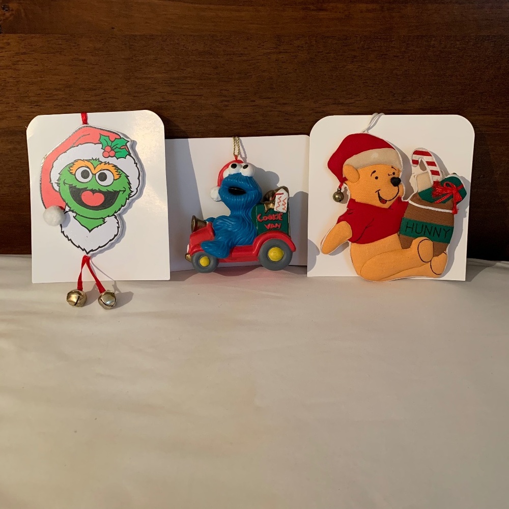 Vintage Sesame Street Cookie Monster,Oscar The Grouch & Winnie the Pooh Ornament